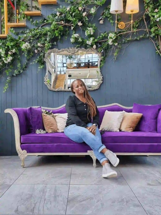 Stacey on purple couch